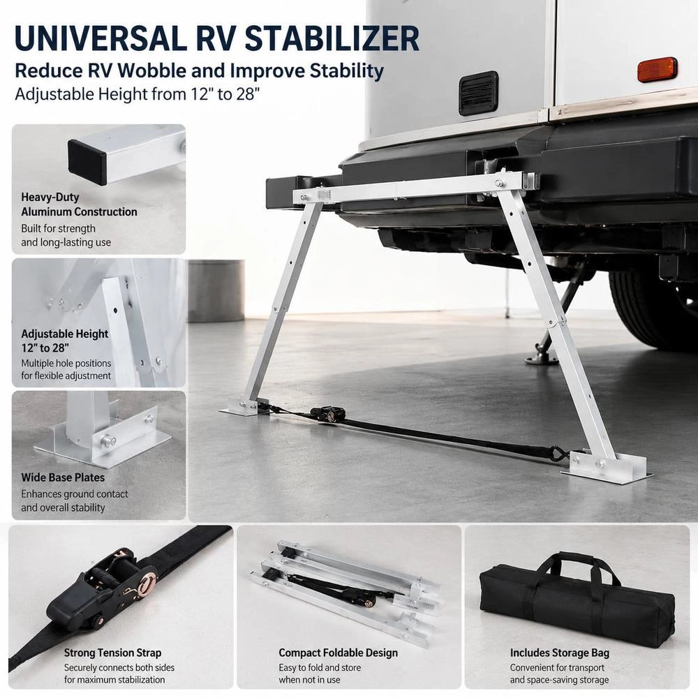 Universal RV Stabilizer, RV Bumper Stabilizer For Trailers, Campers, Fifth Wheel, Compact Foldable Design For Easy Storage, Adjustable Height From 12 Inch To 28 Inch, Reduces RV Wobble, 1 Pack