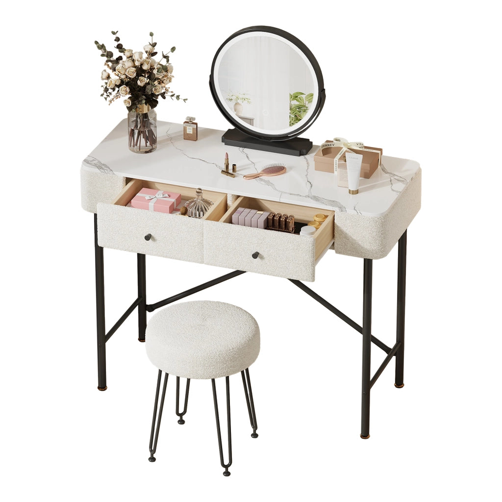 Tavolo Trucco con LED e Sgabello ¨C MINIMAL ¨C Bianco e Nero, 2 Cassetti, Piano Marmo, 100x40x120