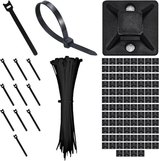 Cinturini per cavi - Adesivi per cavi autoadesivi - Cinturini per cavi a clip - Fissaggio cavi - Elementi di posizionamento - Kit di attrezzi - 100 pezzi.