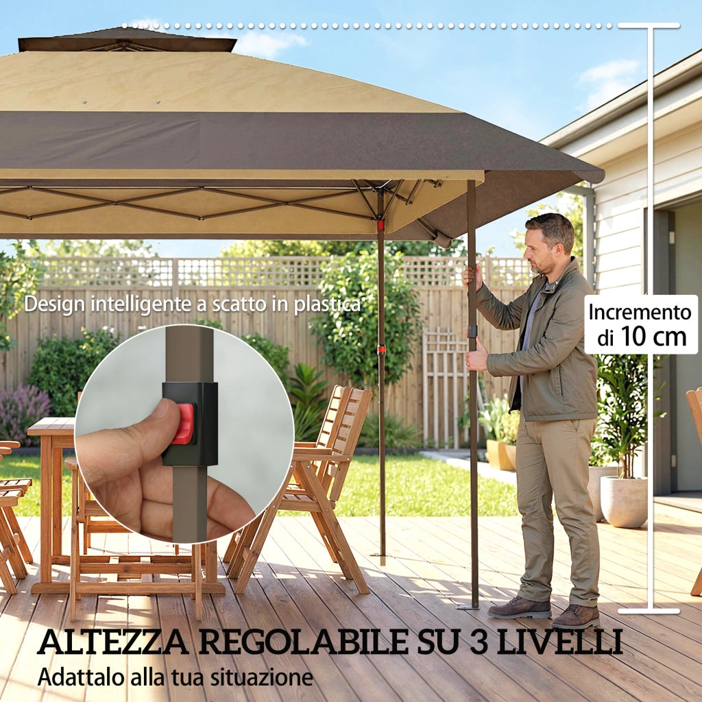 Gazebo Pieghevole 400x400x287 cm con 4 Zanzariere Laterali Doppio Tetto e Sacchi di Sabbia Cachi e Marrone