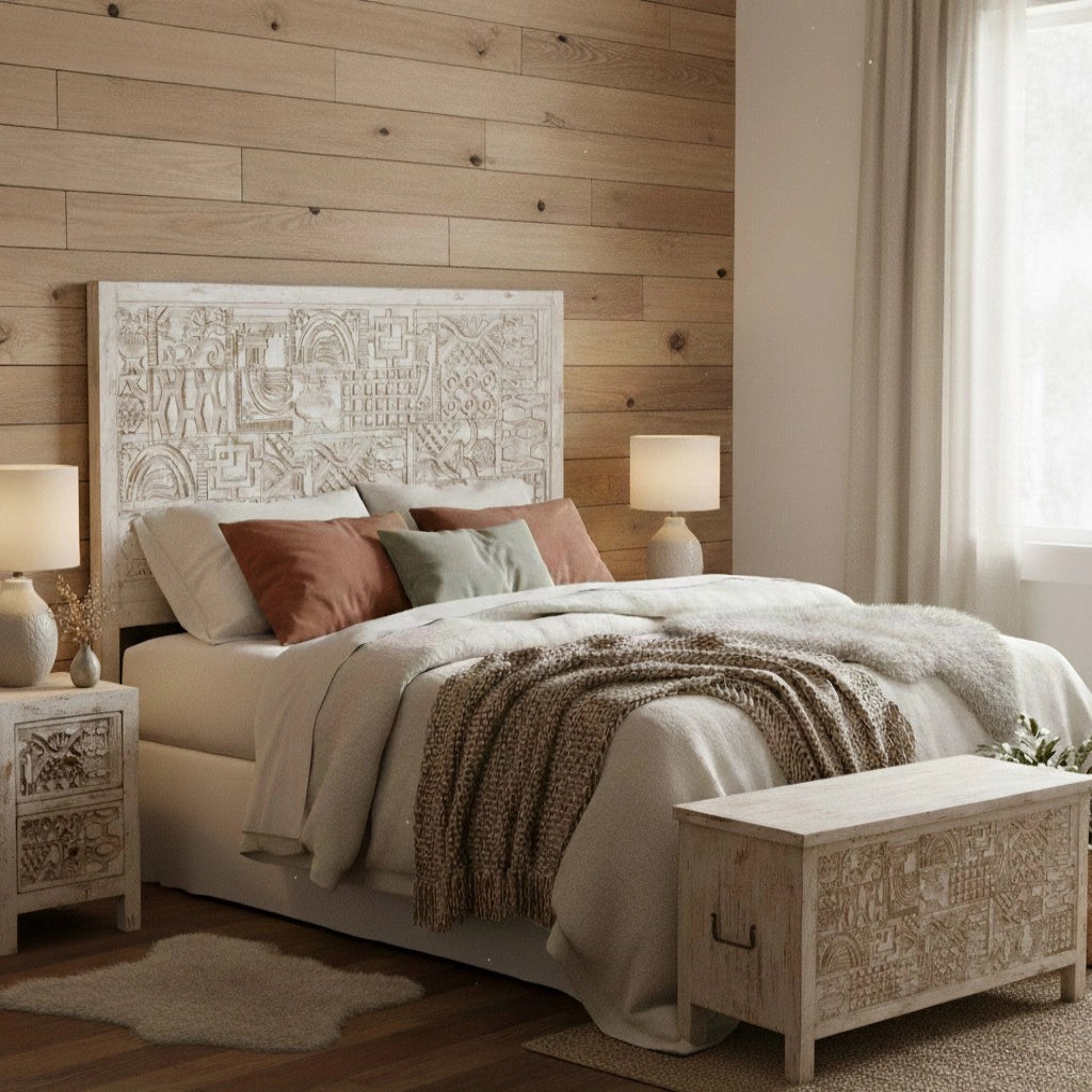Baule in legno beige intagliato a mano 100x40x46h cm