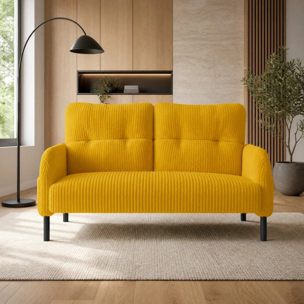 Divano a 2 posti in velluto a coste giallo 120 x 75 x 79 cm con tasca laterale e struttura in metallo