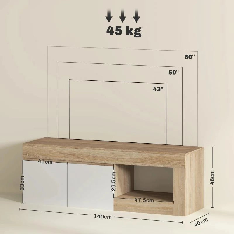 MOBILE TV MODERNO 60" MAX CON ARMADIETTO 2 ANTE E RIPIANO APERTO, 140X40X48 CM, BIANCO E COLOR LEGNO