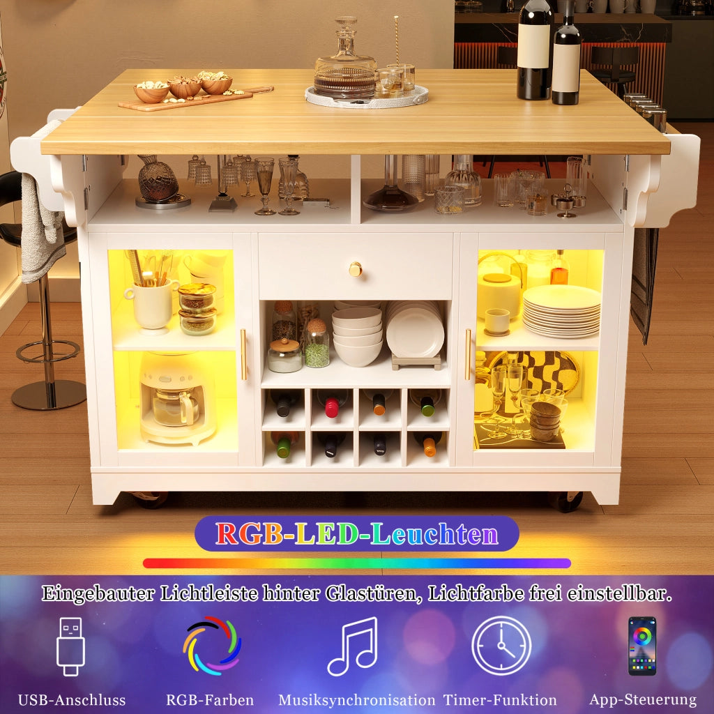 Carrello servitore con illuminazione LED RGB; estensioni ribaltabili e cantinetta; bianco; altezza 95 cm