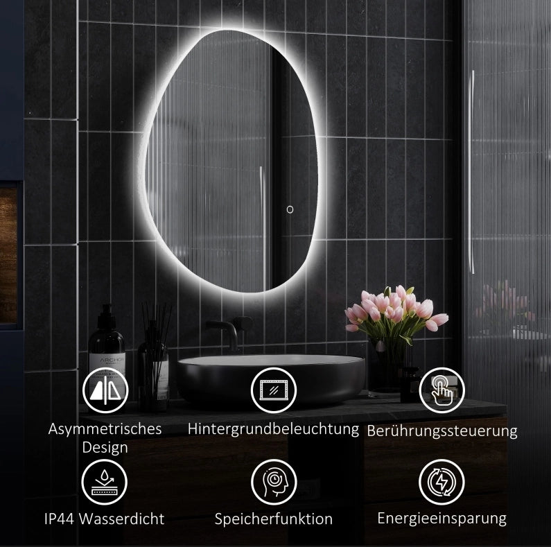 Specchio da bagno asimmetrico con luce regolabile e antiappannamento