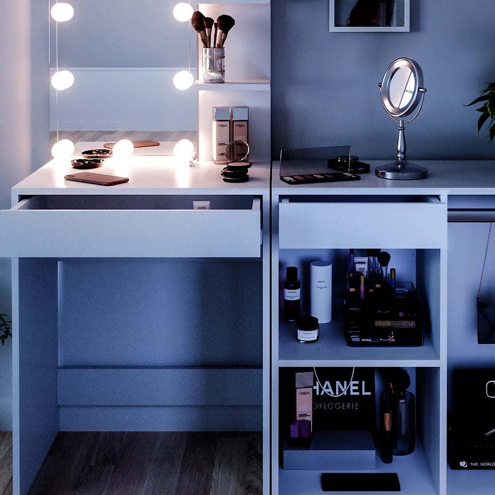 Vicco Tavolo da toeletta Bianco 140 cm con illuminazione LED e armadio