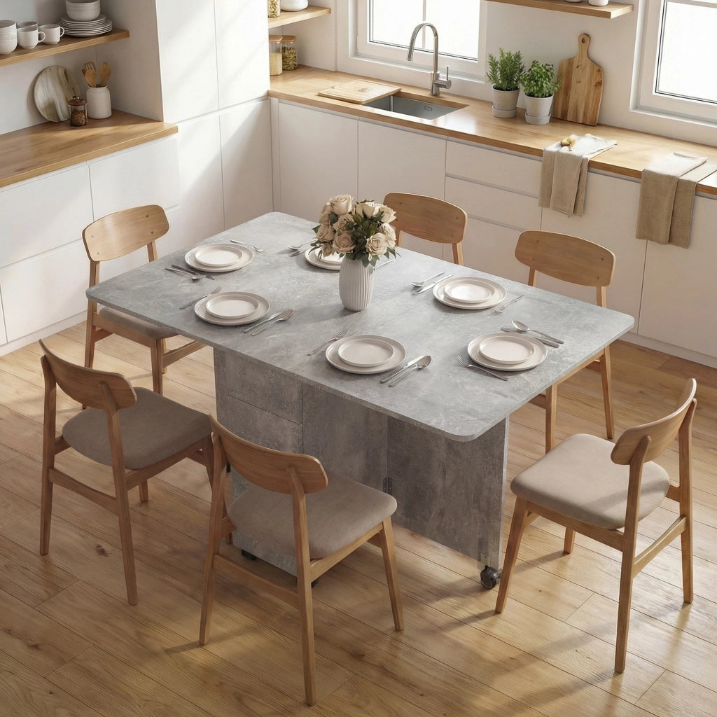 Tavolo da Pranzo Pieghevole a Ruote con 2 Cassetti, 2 Ante e Armadietto, in Legno, 140x76x74 cm, Grigio Cemento