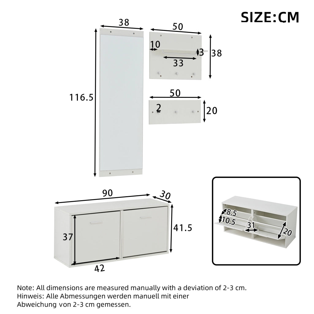 GUARDAROBA Set da 4 pezzi 90x30x41,5 cm con specchio e scarpiera Bianco