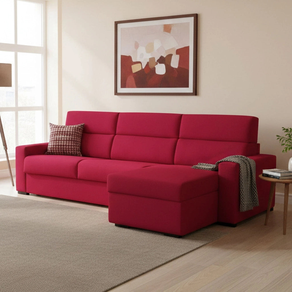 Celleno, Divano Letto con Penisola Sfoderabile Made in Italy, 280x160 cm Rosso
