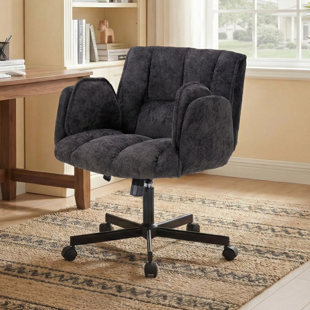 Chaise de bureau girevole con braccioli ribaltabili e supporto lombare gonfiabile in tessuto nero con ruote silenziose