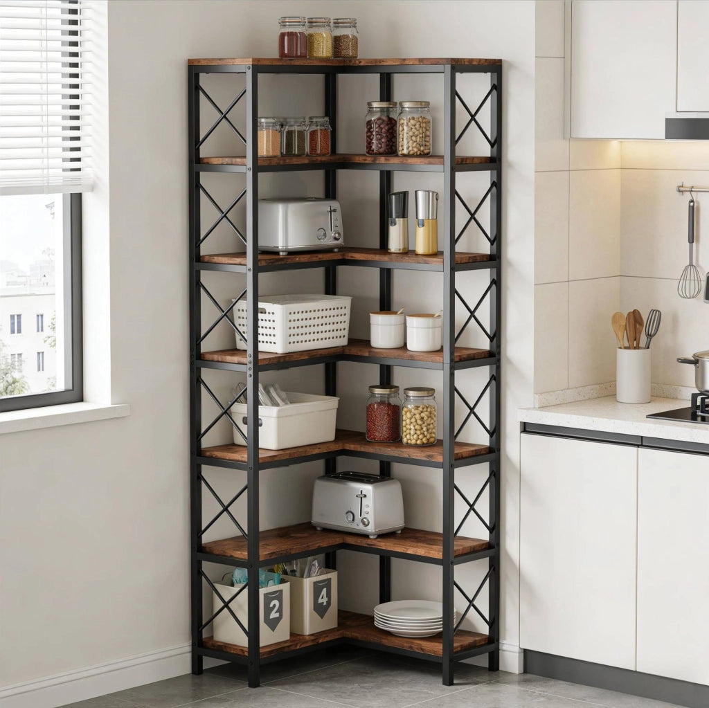Libreria angolare 117x29x30 cm nera e marrone rustico in metallo e legno, 14 vani