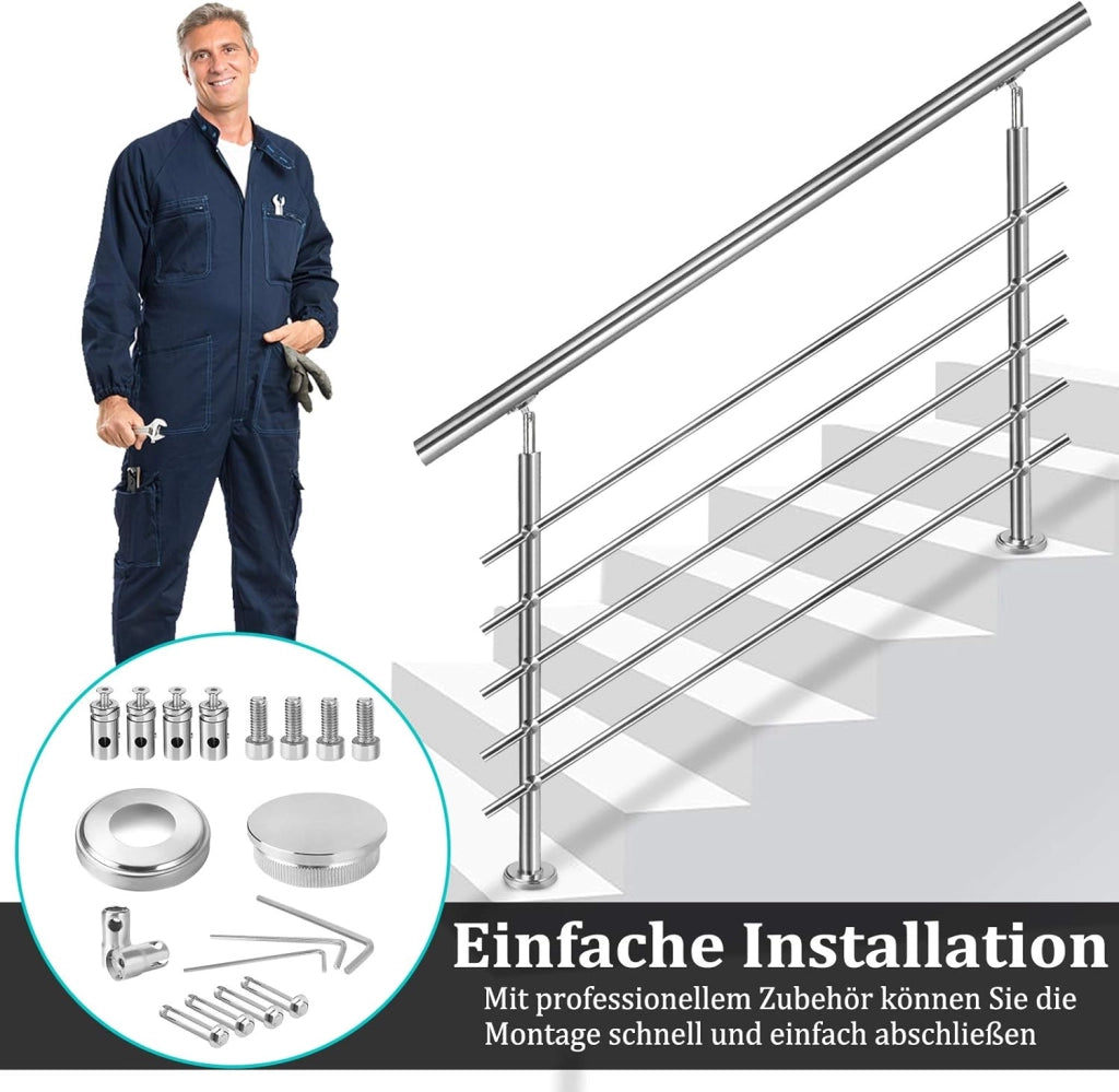 Corrimano per scale in acciaio inox, per esterni, 120 cm, parapetto con 2 montanti, per interni ed esterni, 3 barre trasversali