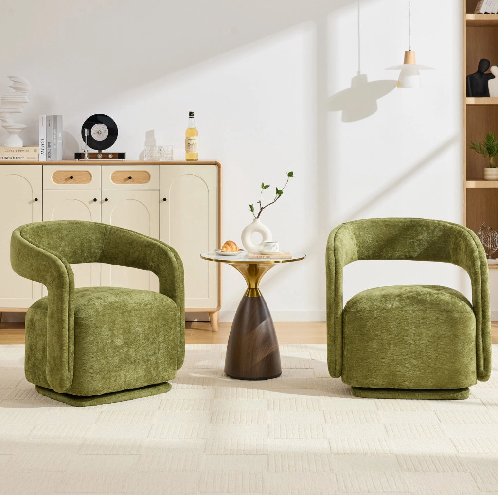 Poltrona girevole 360° in chenille verde, design Barrel Chair