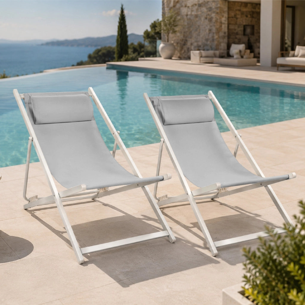 Set 2 Sdraio Mare Pieghevoli Reclinabili con Poggiatesta, Lettini da Spiaggia in Acciaio e Textilene, Sedie Relax per Giardino, Piscina, Terrazza e Campeggio, Beige Grigio