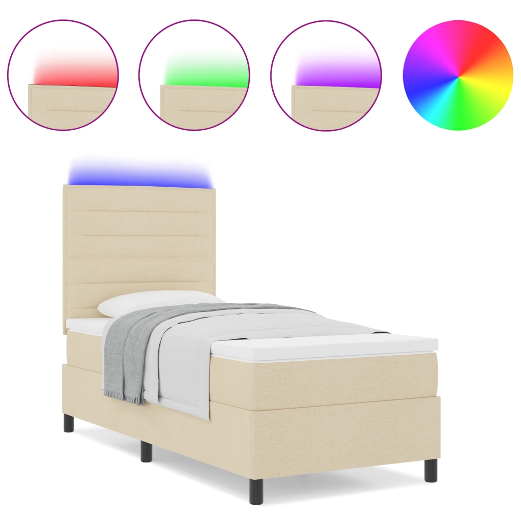 Letto a Molle con Materasso e Luce LED Crema 90x190 cm Tessuto