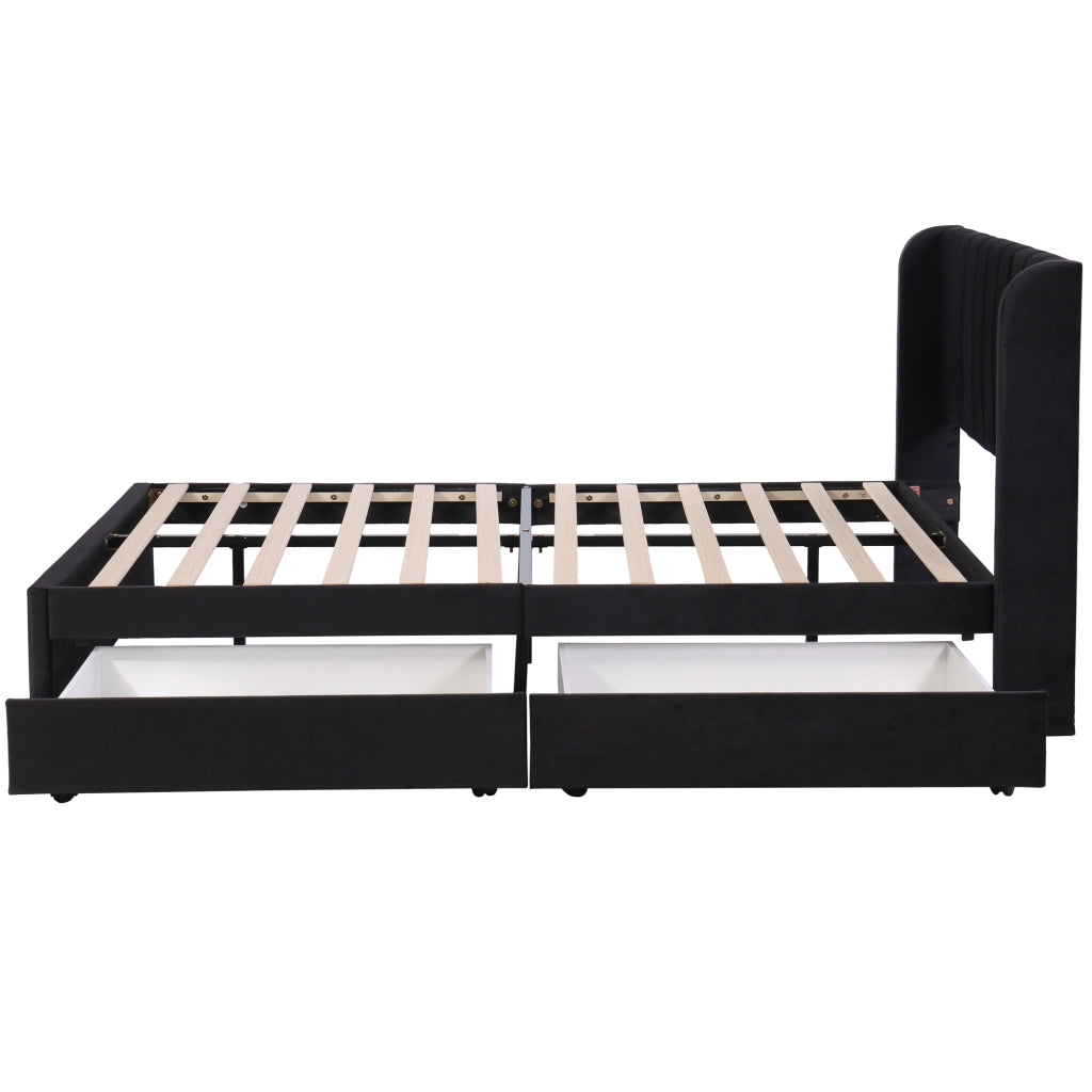 Letto imbottito in velluto nero 160x200 cm con rete a doghe, 2 cassetti e testiera alta