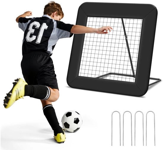Rimbaldo da calcio 100 x 100 cm, angolo regolabile 40-110°, con molle in acciaio e rete in PE per esercizi di tiro e passaggio
