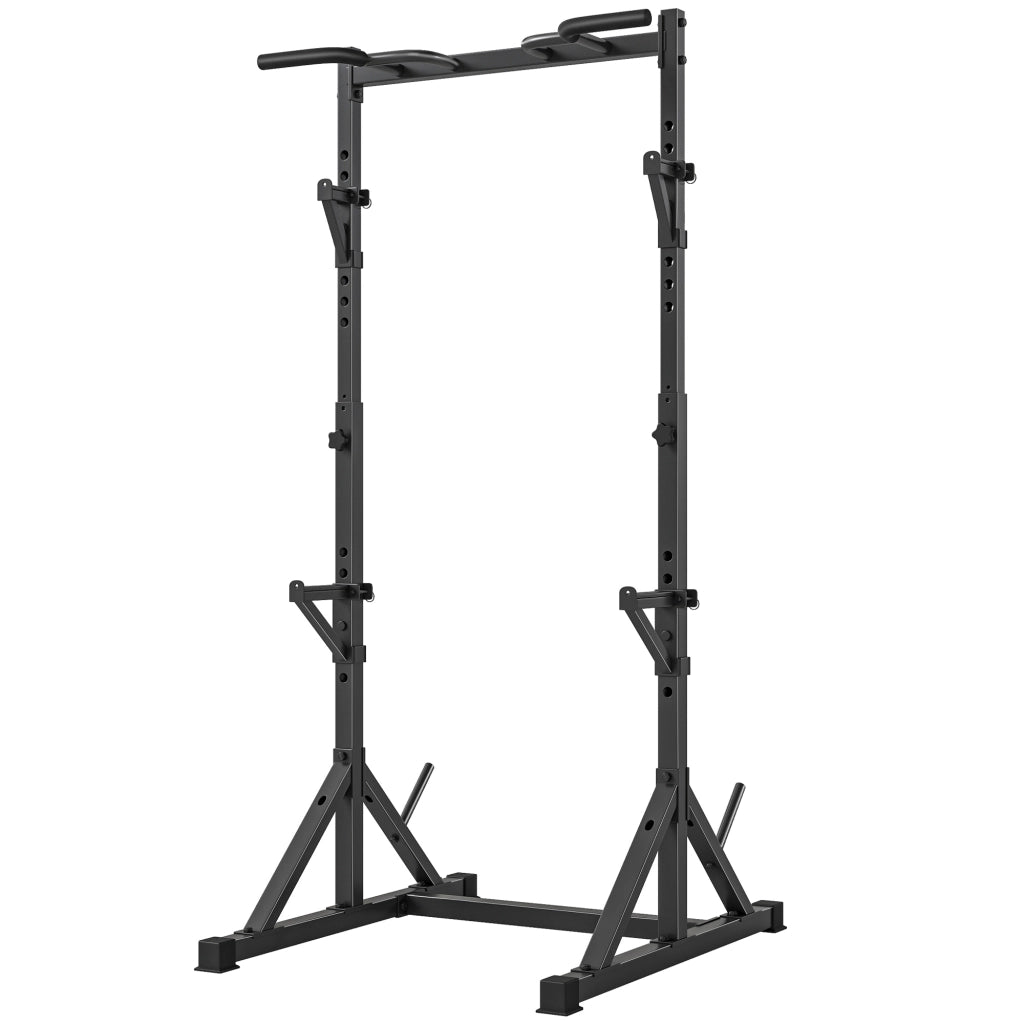 Squat Rack Regolabile con Doppio Supporto, Portadischi e Barra Trazioni, in Acciaio, 112-100x201-217 cm, Nero