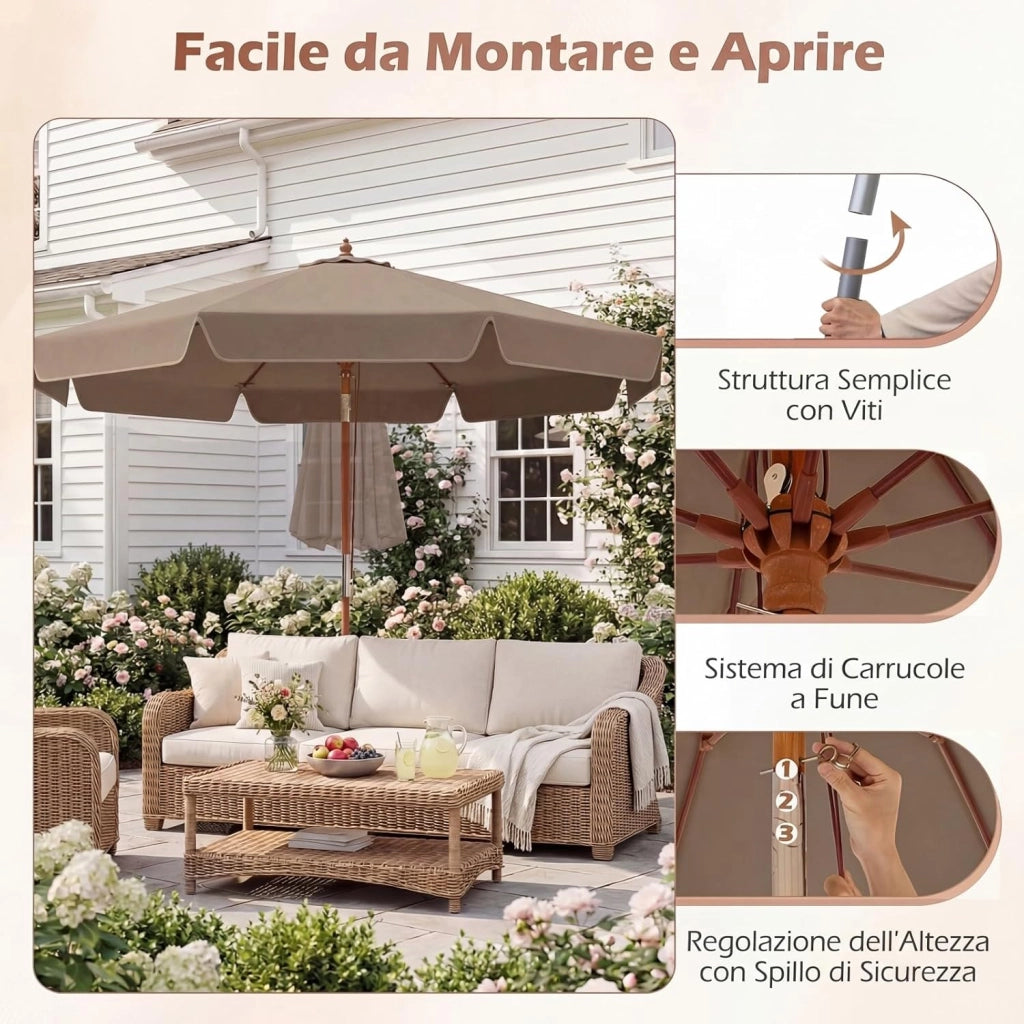 Ombrellone da Giardino 300 cm, con Inclinazione Regolabile, 8 Stecche, Ombrellone Spiaggia con Sollevamento a Carrucola, per Giardino, Spiaggia, Piscina (Marrone)