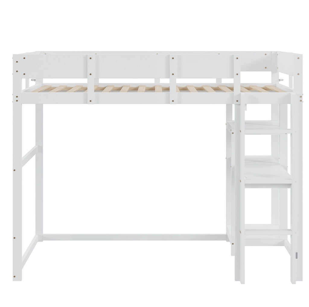 Letto a soppalco 90x200 cm con ripiano; in legno di pino massello bianco