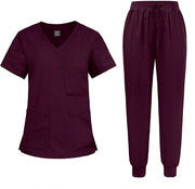 Set di abito di pulizia con pantaloni jogger - collo V - manica corta - vita regolabile - 4 tasche - uniforme medico - tessuto confortevole - uniforme medico
