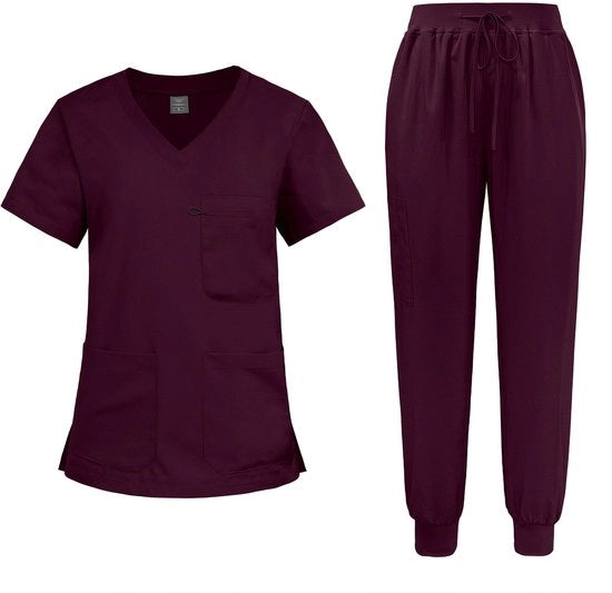 Set di abito di pulizia con pantaloni jogger - collo V - manica corta - vita regolabile - 4 tasche - uniforme medico - tessuto confortevole - uniforme medico