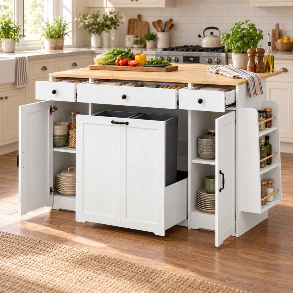 Sideboard bianco con 3 cassetti, 2 ante e piano superiore color legno per cucina e sala da pranzo
