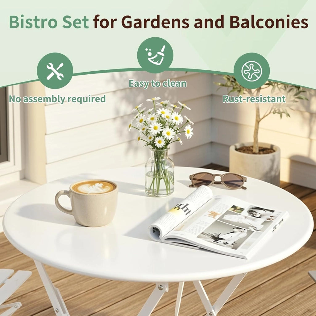 Set da Bistrot Pieghevole 3 Pezzi, Tavolo da Giardino Bistrot in Metallo, 1 Tavolo e 2 Sedie per Piccoli Balconi, Resistente alle Intemperie, per Balcone, Giardino e Terrazzo, Bianco