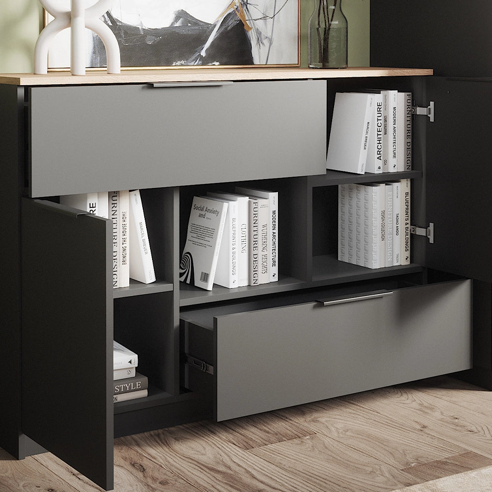Vicco Cassettiera per camera da letto Antracite 120 x 83.6 cm 2x porta, 2x cassetto e 1x scomparto aperto