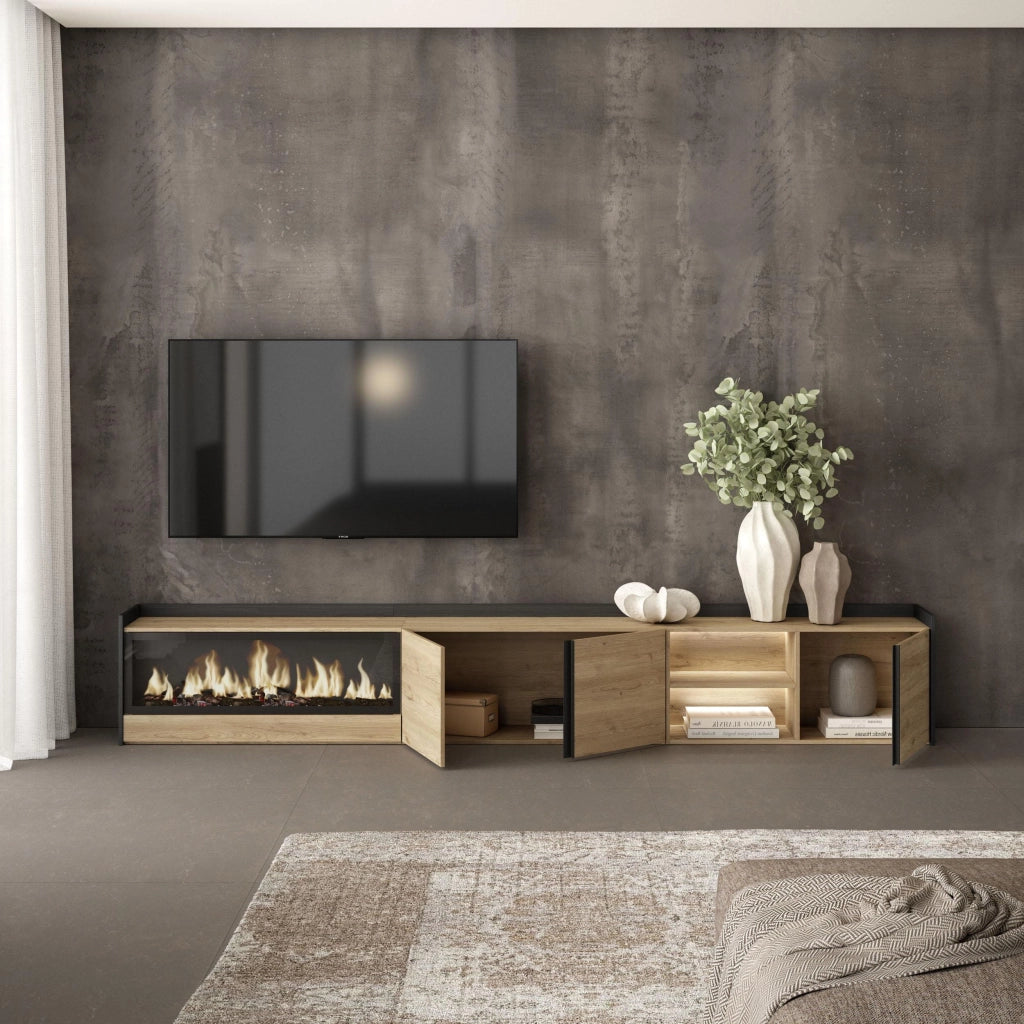 Mobile TV Soggiorno, 315x50x35 cm, Per TV fino a 80", Camino elettrico XXL, LED, Rovere e nero
