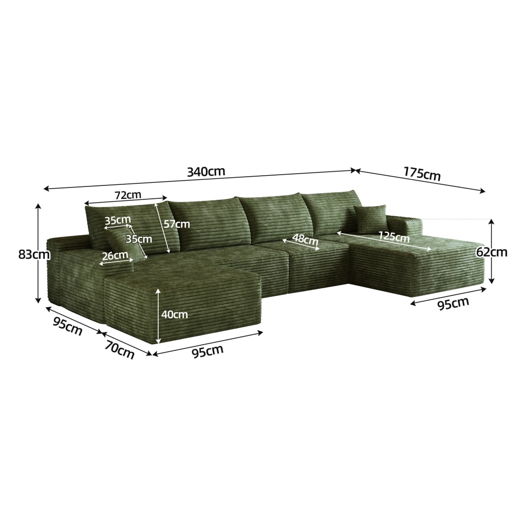 Divano angolare modulare con chaise longue e seduta profonda in tessuto a coste verde