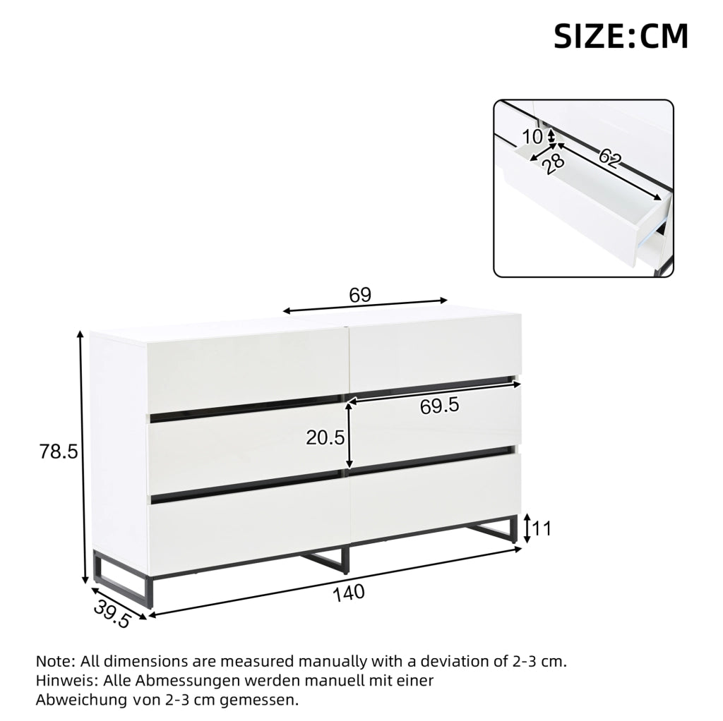 Credenza ULEVR 140x39,5x78,5 cm con 6 cassetti e gambe in metallo, bianco e nero