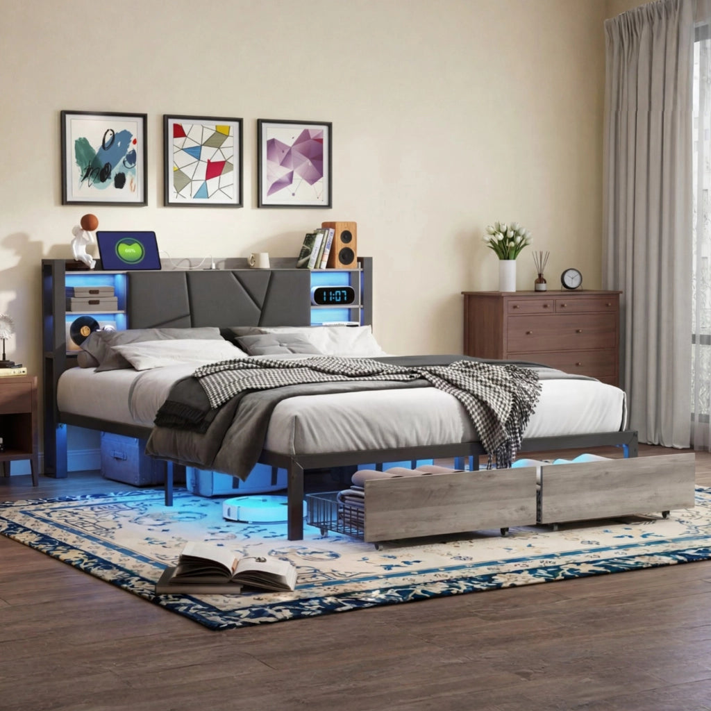 Letto matrimoniale 140x200 cm con testiera LED; USB e due cassetti neri