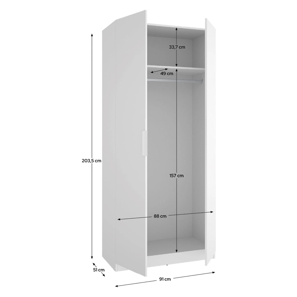 Armadio Camera da Letto Tulot, Guardaroba 2 Ante Appendiabiti, 51x204h cm Bianco