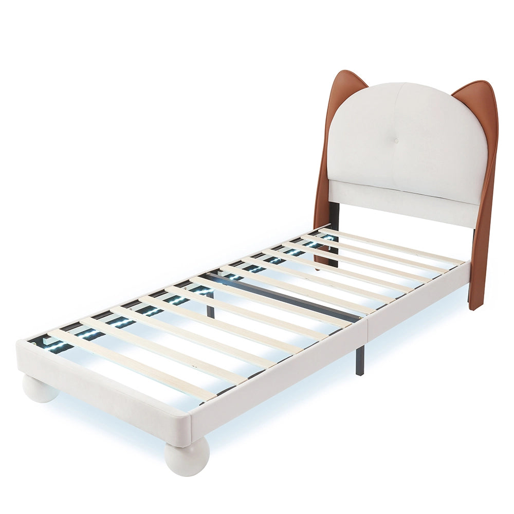 Letto bambino-Xylo-90x200 cm-testa gatto, LED regolabile, PU, beige+marrone