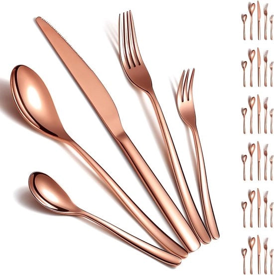 Set di posate in argento, 30 pezzi, per 6 persone, rosso oro, rivestimento in titanio, set di posate comprensivo di mestoli da tavola, cucchiai da tavola, cucchiai da tè, forchette, lavabile in lavastoviglie