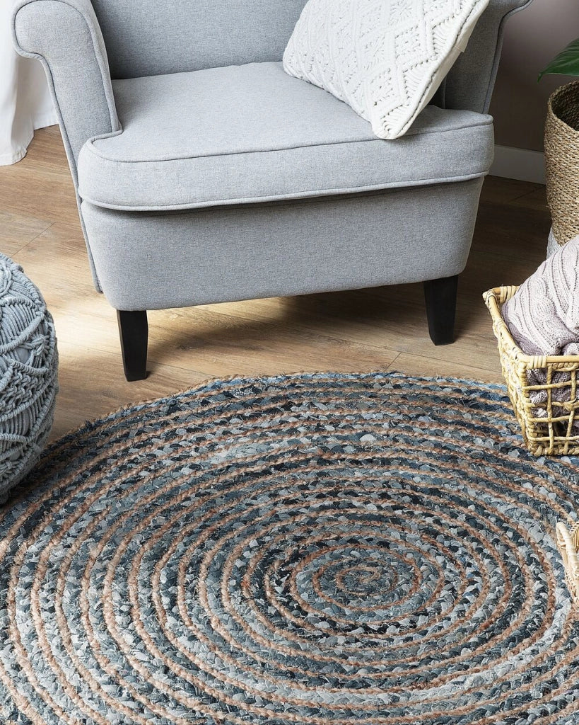Tappeto tappetino Iuta Blu Rotondo Boho Soggiorno ø 120 cm stile moderno