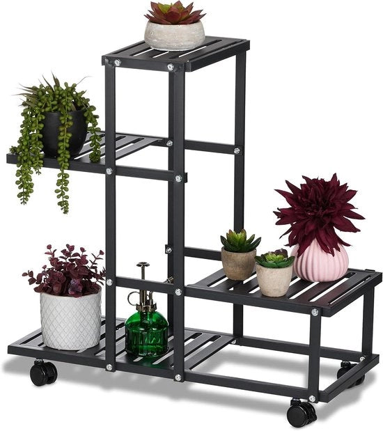 Tavolo per piante con ruote H x L x P: 605 x 615 x 26 cm - 4 piattaforme per piante per interni in metallo nero