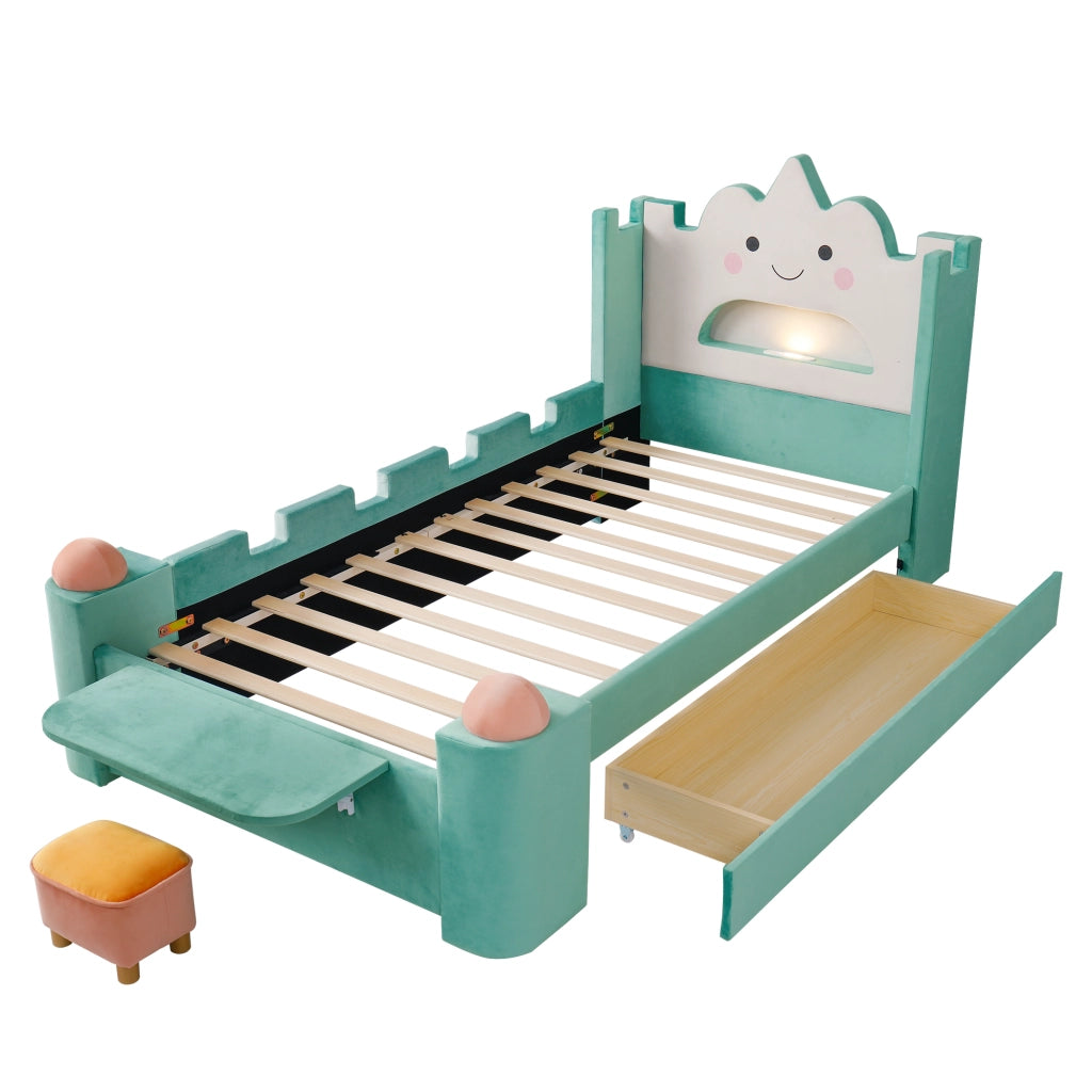 Letto con Sponda 90x200 cm; Letto Singolo - USB; Lampada e Cassetto - Blu Verde