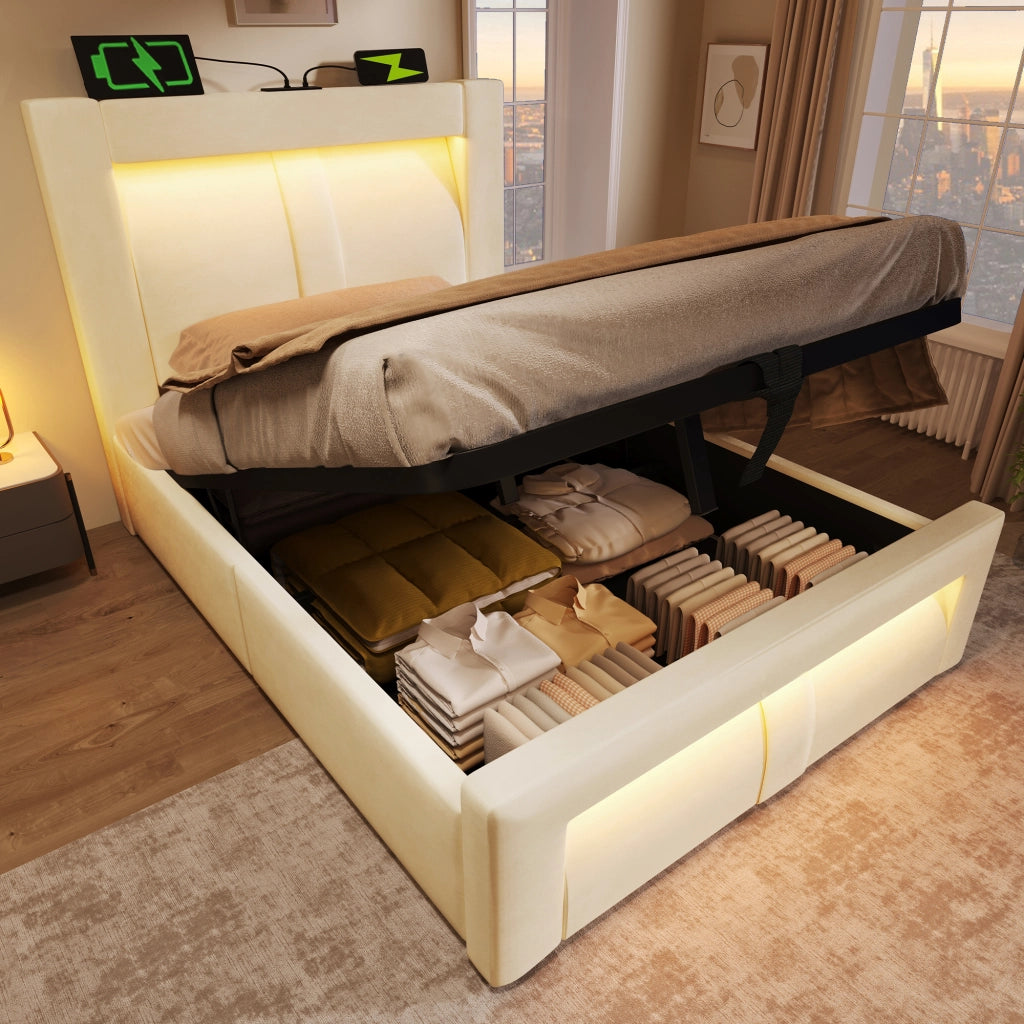 LETTO Singolo 90x200 cm in velluto beige con LED e porte USB/Type-C