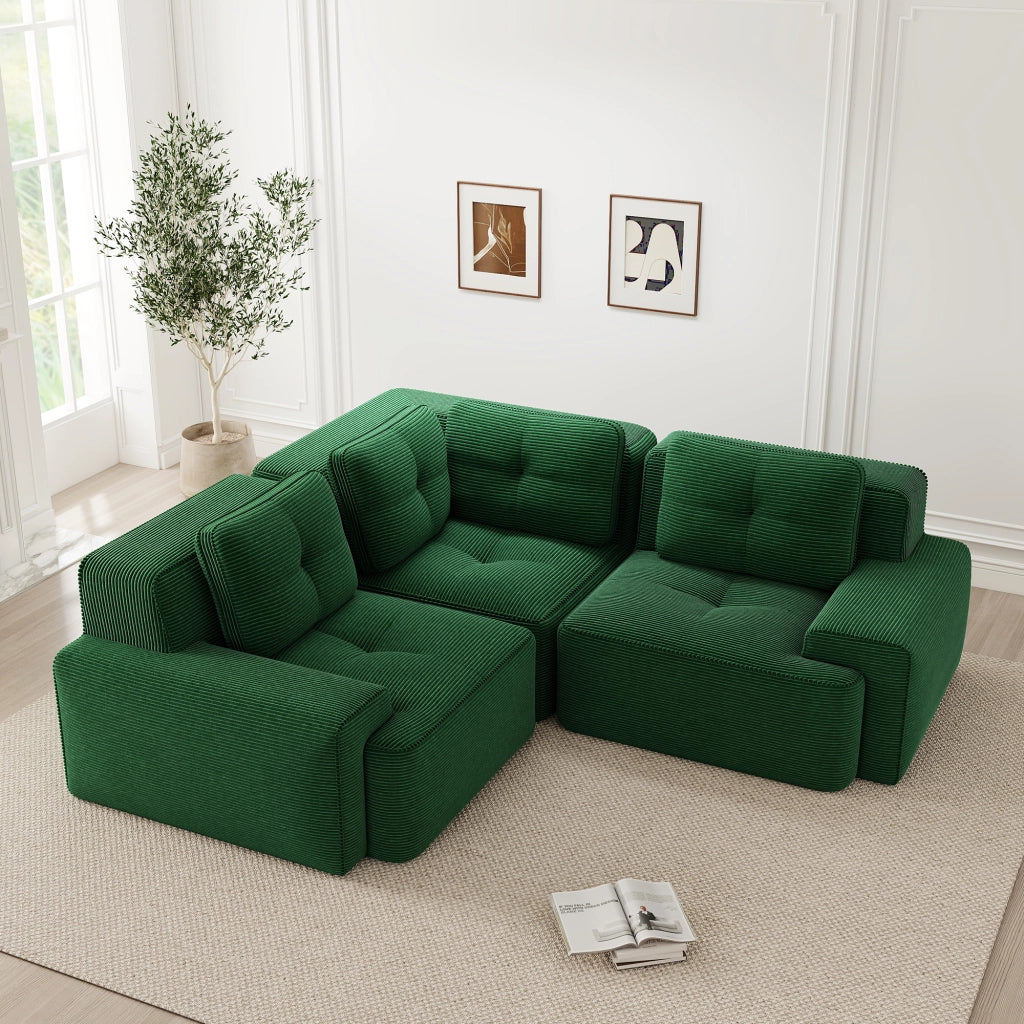 Divano ad angolo modulare senza struttura; seduta profonda; tessuto corduroy; verde