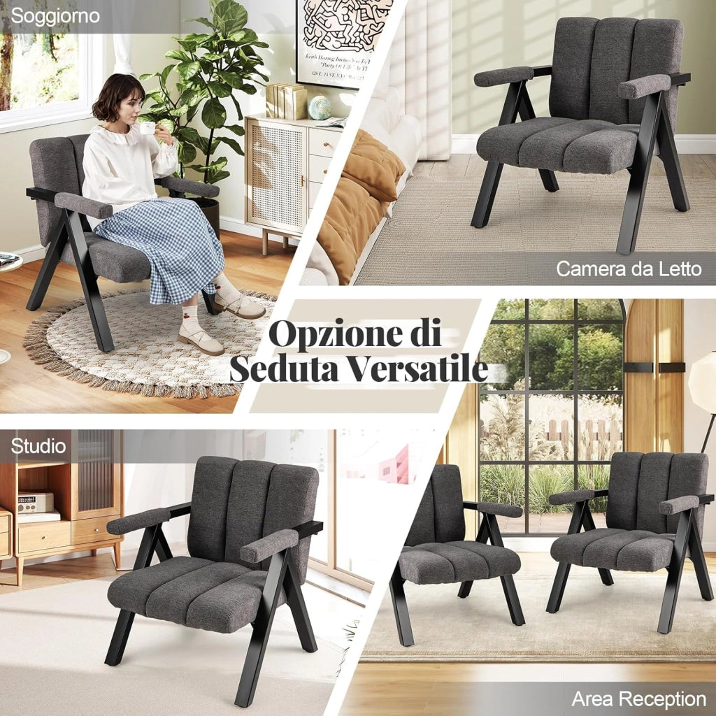 Poltrona da Salotto, Sedia Ergonomica con Struttura in Metallo, Braccioli e 4 Piedini Regolabili, Sofa Imbottita Relax Moderna per Soggiorno e Camera da Letto, Portata 150 kg (Grigio)