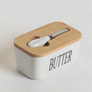 Botella per burro - Contenitore per burro - Bianco - Scatola per burro - con coperchio in bambù - Incluso burro per impastare - Ceramica - 16,5x10x7,8