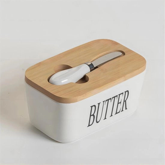 Botella per burro - Contenitore per burro - Bianco - Scatola per burro - con coperchio in bambù - Incluso burro per impastare - Ceramica - 16,5x10x7,8