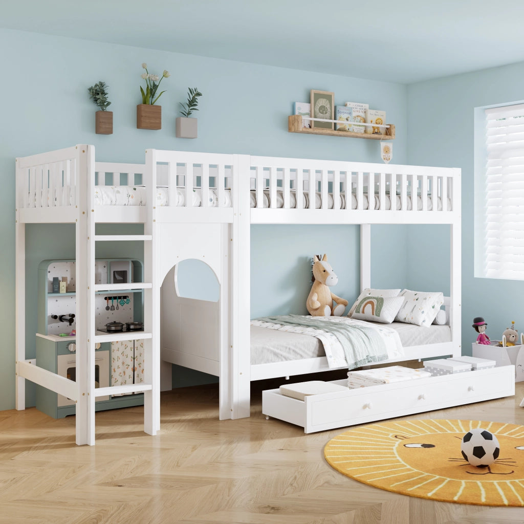 LETTO a castello 90x200 cm in legno massello e MDF bianco e naturale