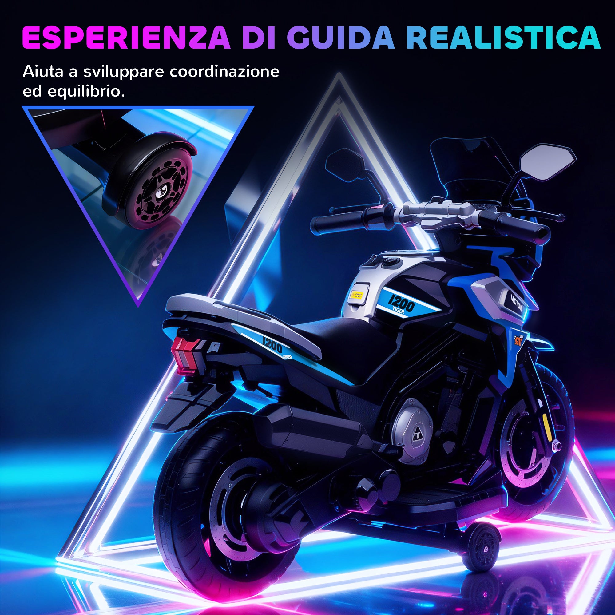 Moto Elettrica per Bambini 12V con Rotelle Specchietti e Poggiapiedi in PP e Metallo Blu