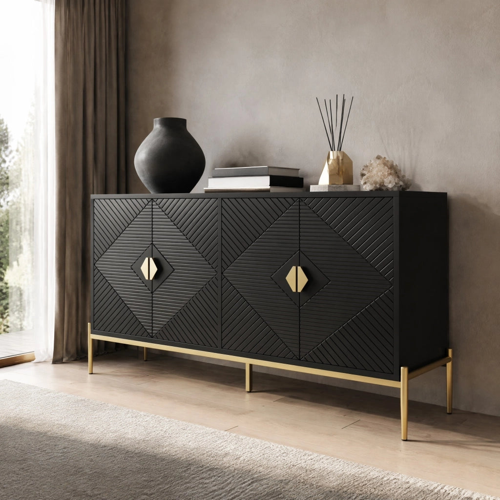Credenza 4 ante 162x40x80 cm in MDF e truciolare con gambe in metallo; nera