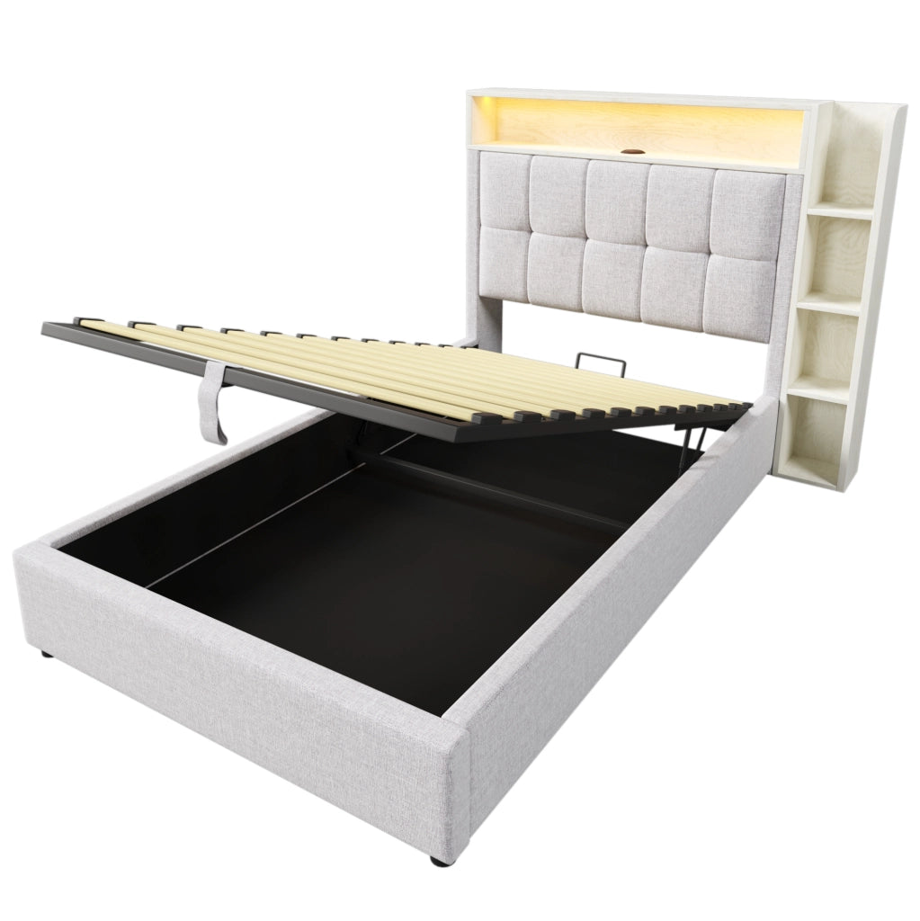 Letto imbottito 90x200 cm con contenitore; USB e LED in lino beige