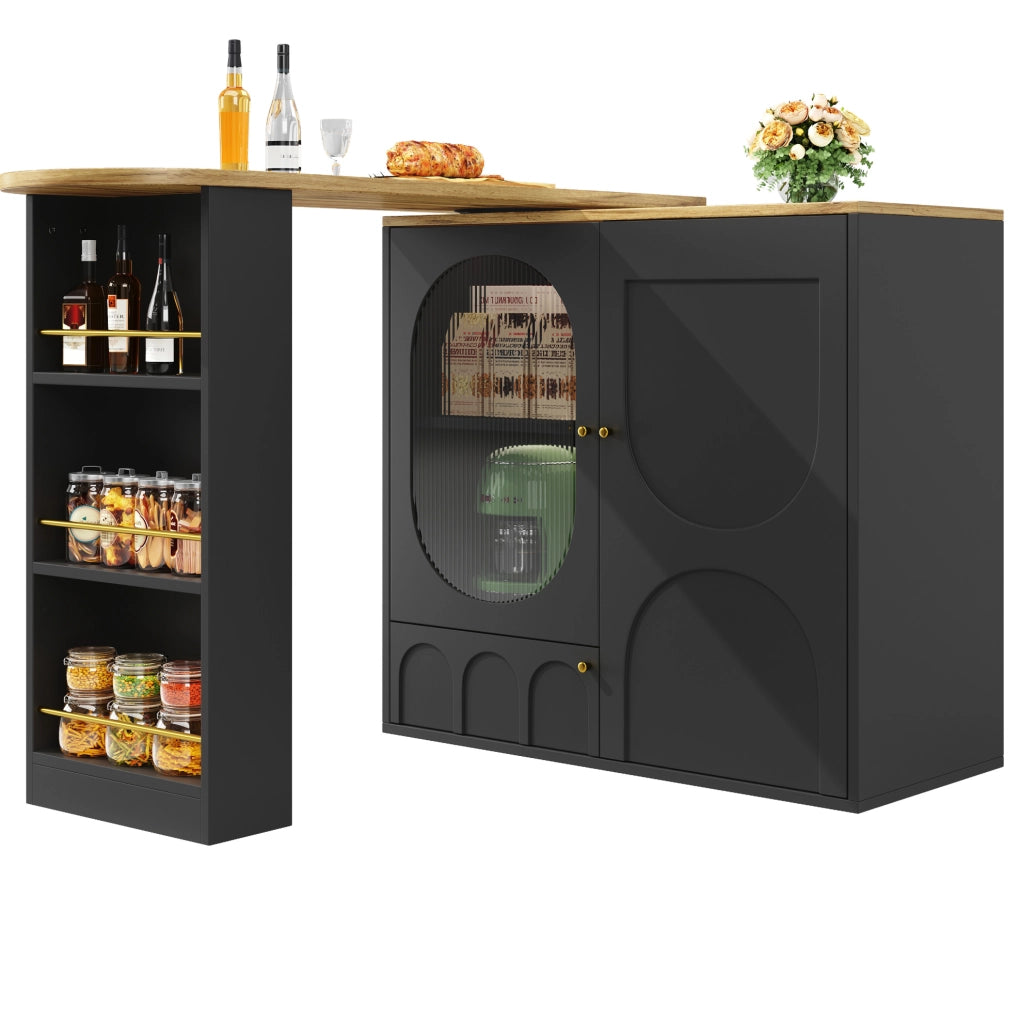 Mobile bar 138x39x105 cm girevole 360° con ampio spazio di contenimento in MDF e metallo nero