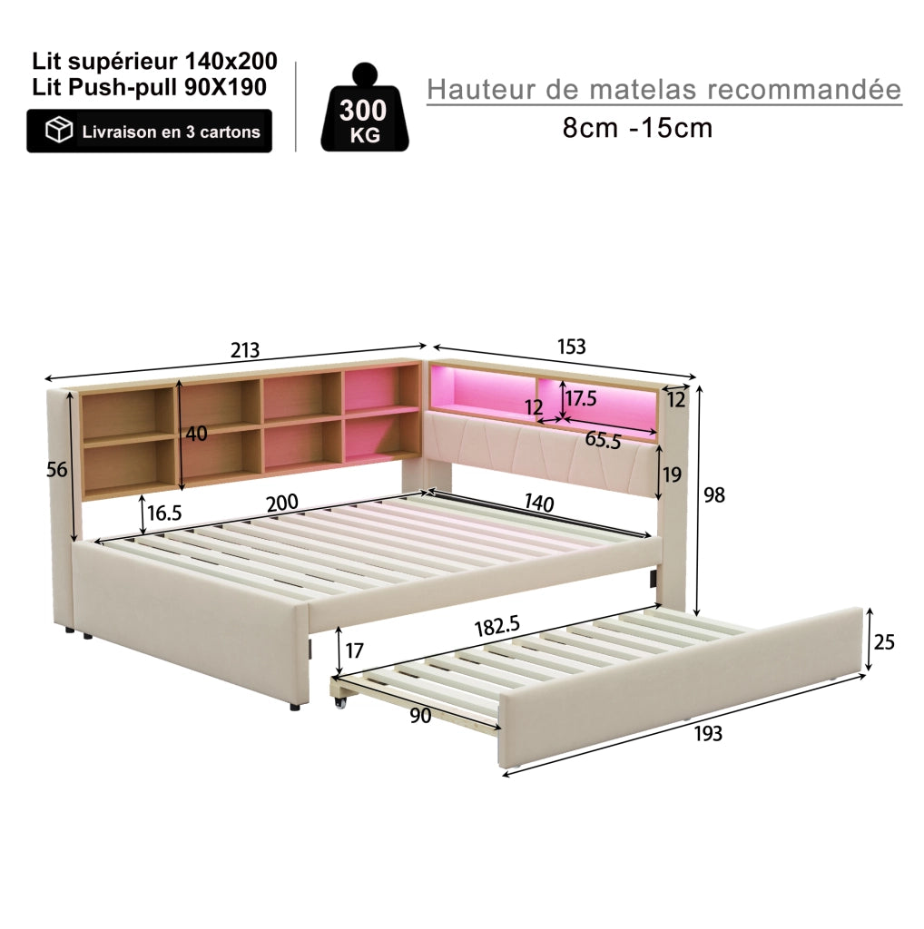 Divano letto multifunzionale 140x200 cm con letto estraibile 90x190 cm; LED e prese; beige